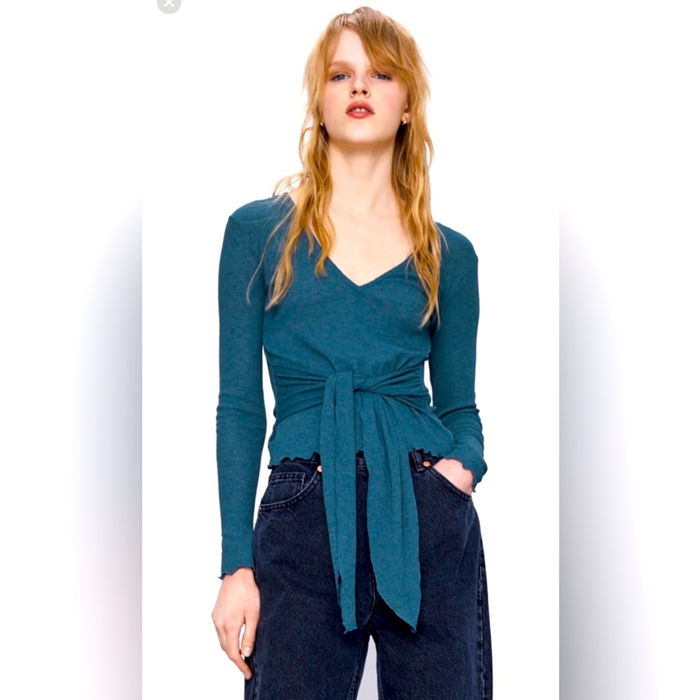 Zara Teal Long Sleeve Textured V-neck Top  Shirt with Knot Women Size L US